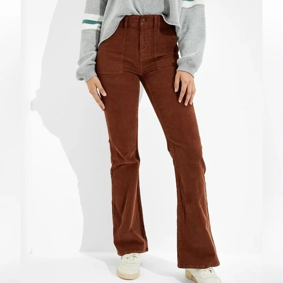 NEW AE Corduroy Super High-Waisted Flare Pant Brown Corduroy size 10 - Picture 8 of 14
